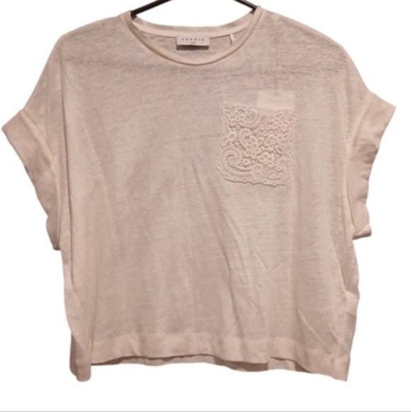 Sandro Boxy Cropped Lace Pocket Cream Ivory Tshirt Womans Lagenlook - Picture 1 of 10